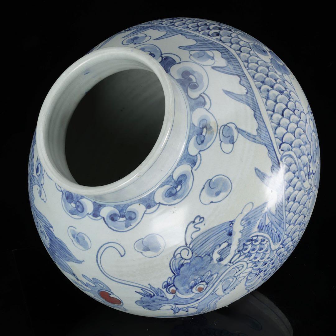 朝鮮美術 李朝 白磁 青花 染付 雲龍図 丸壺 32cm 大壺 古