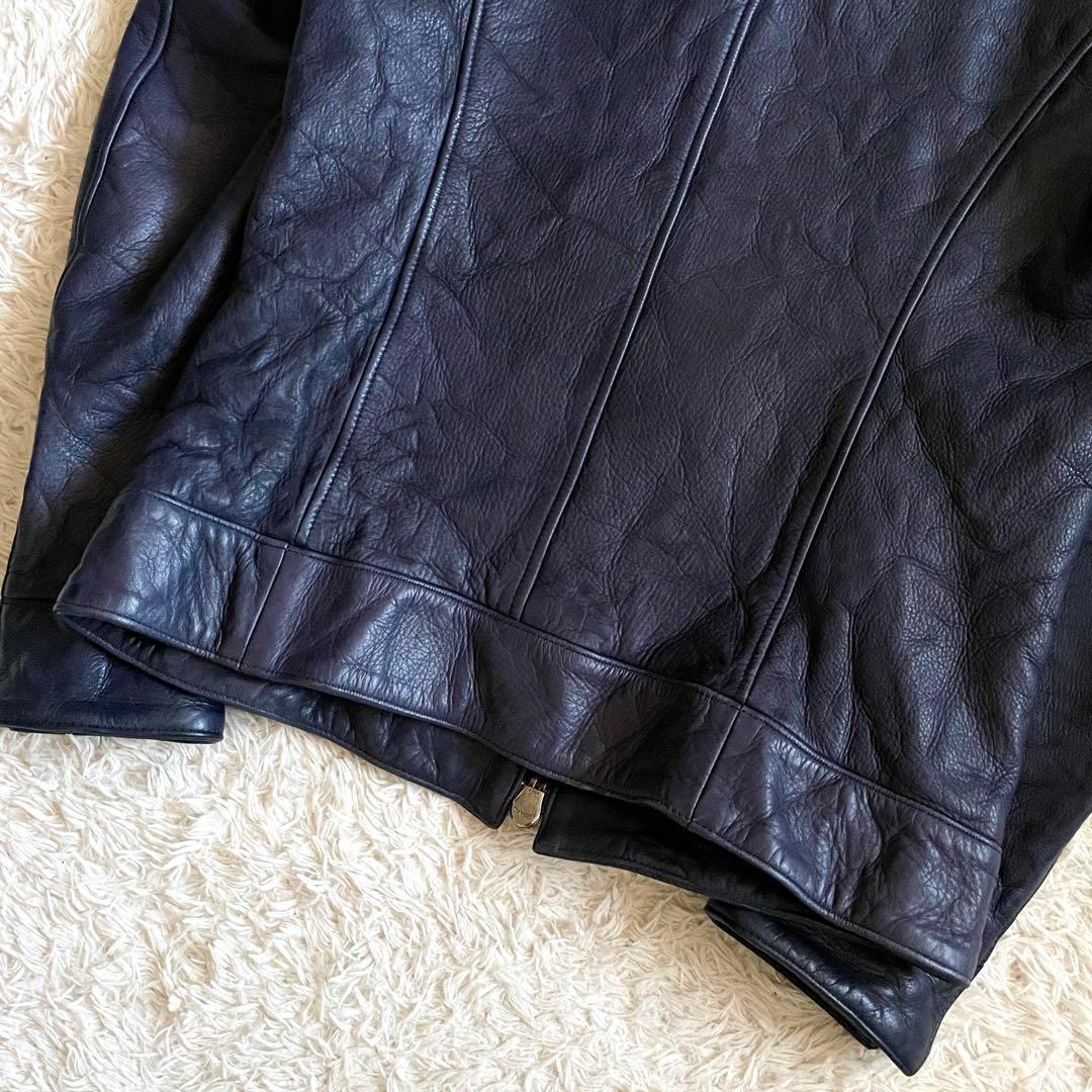 美品】ジュンハシモト インナーライダースジャケット 牛革 シワ加工 紺