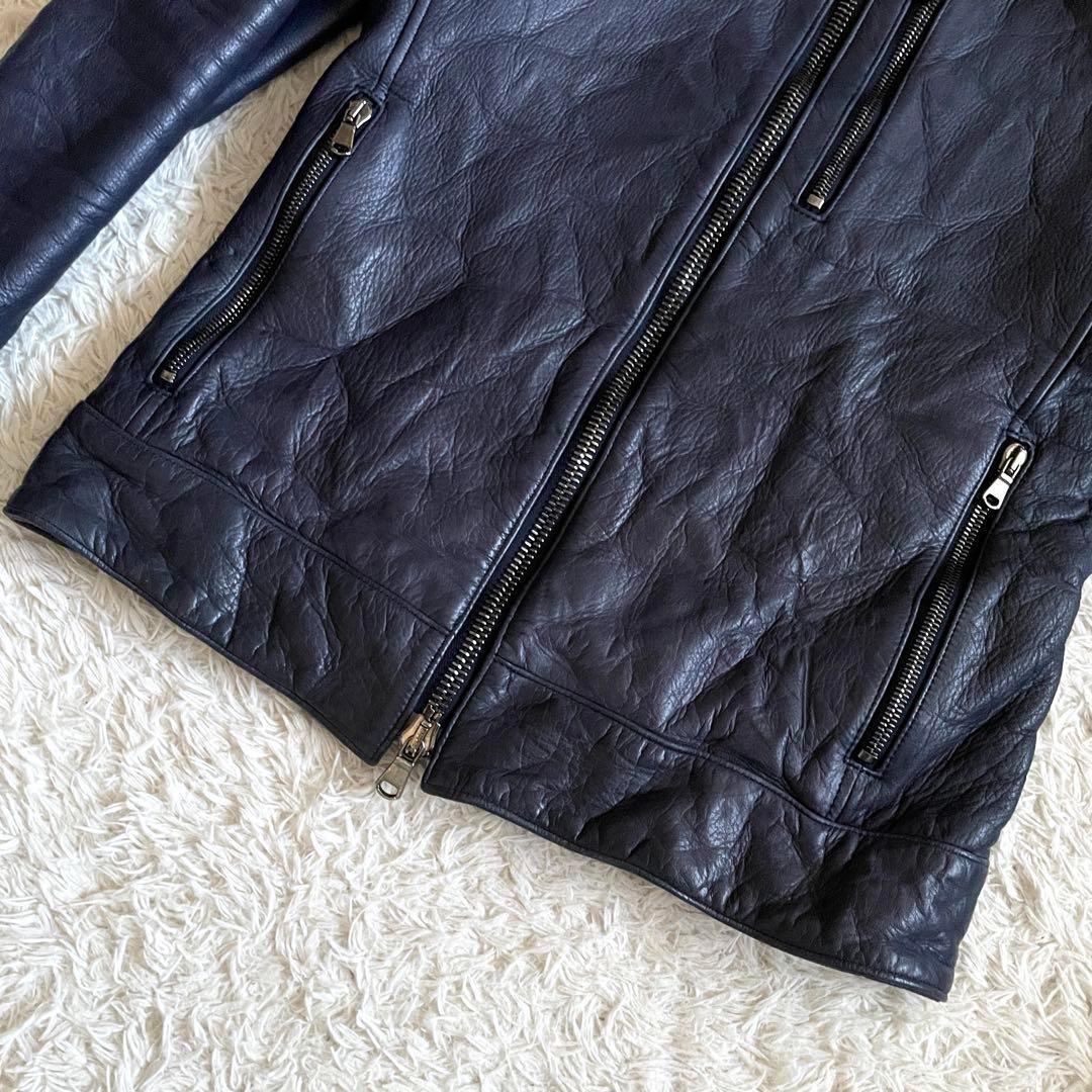 美品】ジュンハシモト インナーライダースジャケット 牛革 シワ加工 紺 M