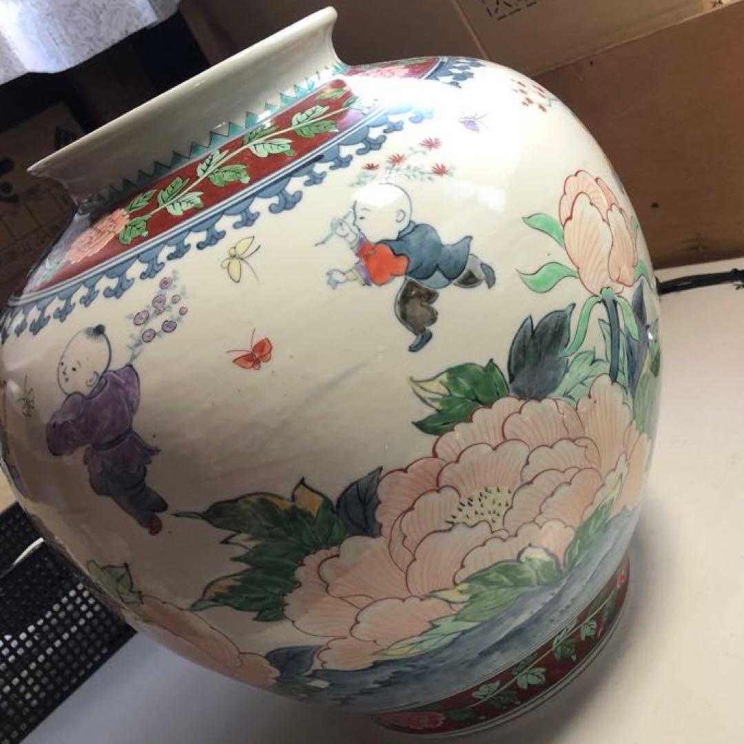 五代佐藤走波染錦唐子遊図つぼ 心和む優しい色使い 高さ約36.5cm約7.2