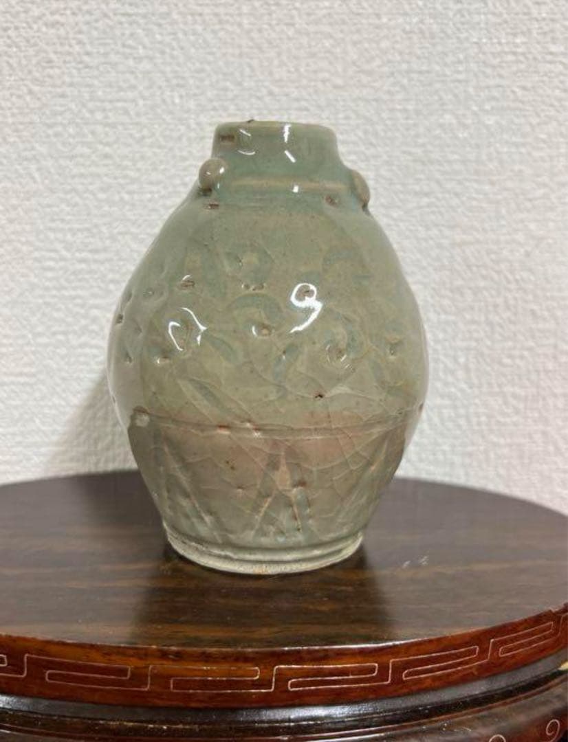 宋代古美術 時代物 龍泉窯青瓷花瓶 小缶 宋代古美術 時代物 龍泉窯