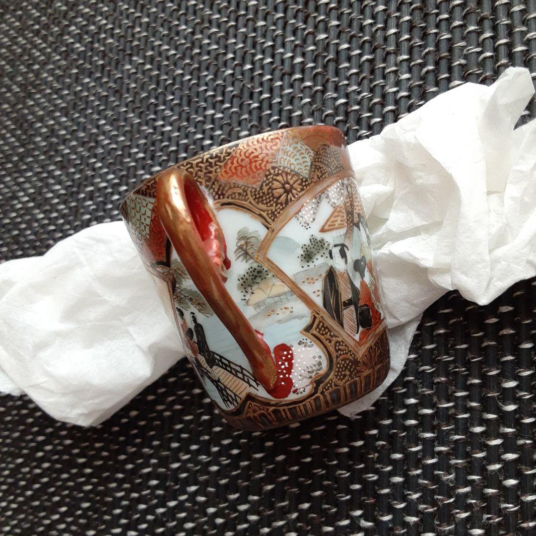 古い卵殻手エッグシェルティーカップ/芸者美人画桜肥蝶山/超絶細密画椀横浜薩摩清水