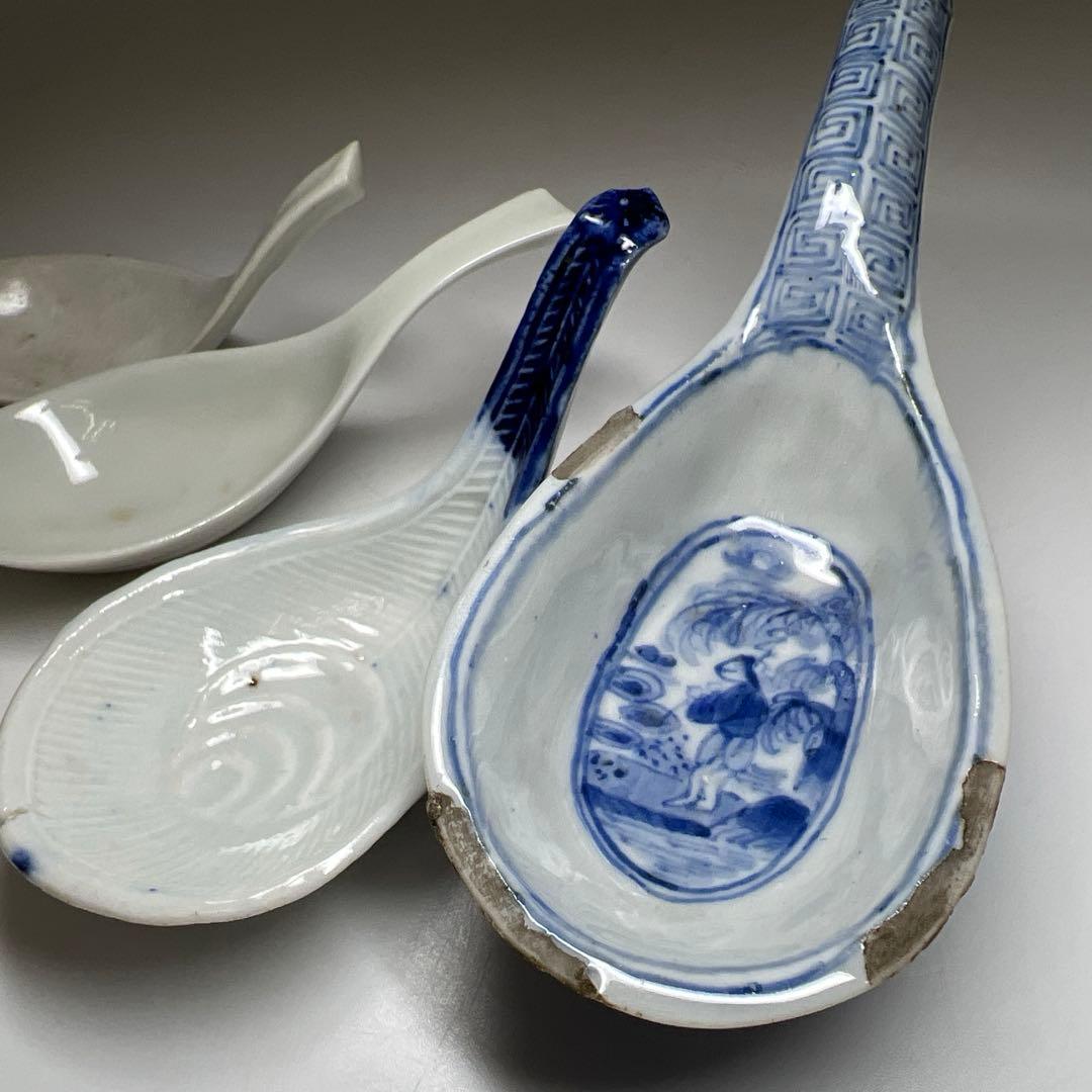 中国清朝時代　古染付レンゲ、鉢5客　東Y7-1022☆2Fタニチ