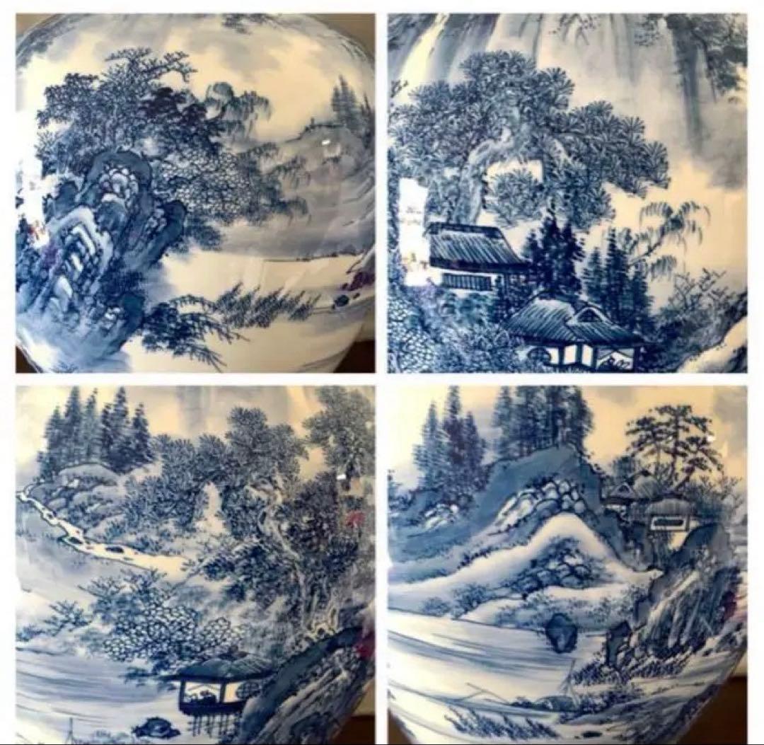 【希少品】古美術　大花瓶　精描かれた山水画青花染付け