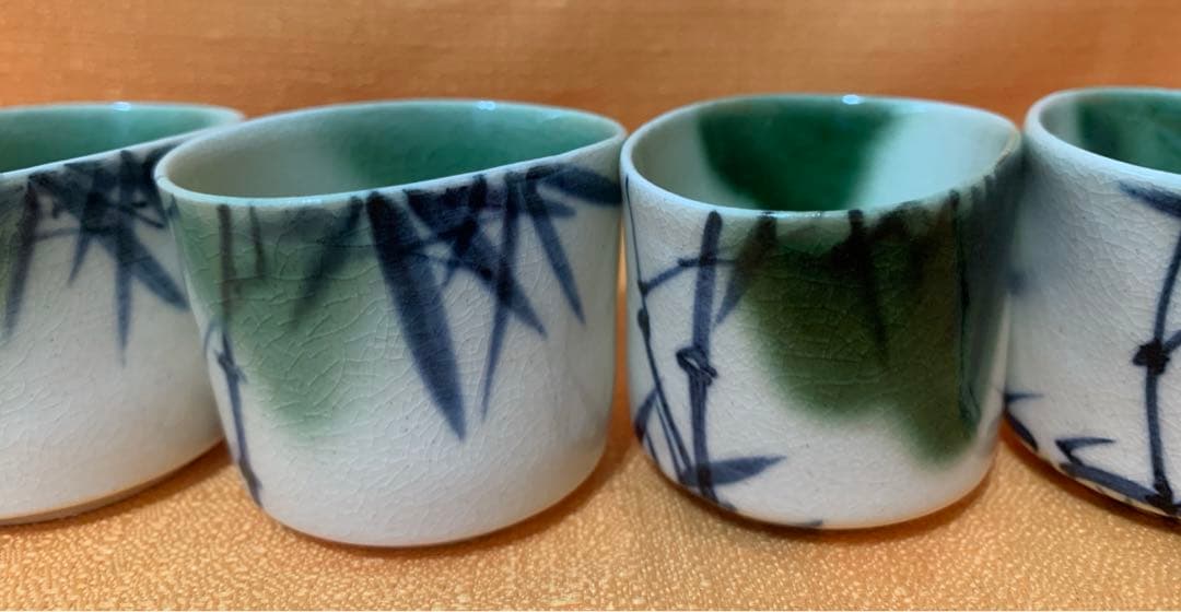 京都の名匠 伊東陶山 作 織部竹林 茶器 5客