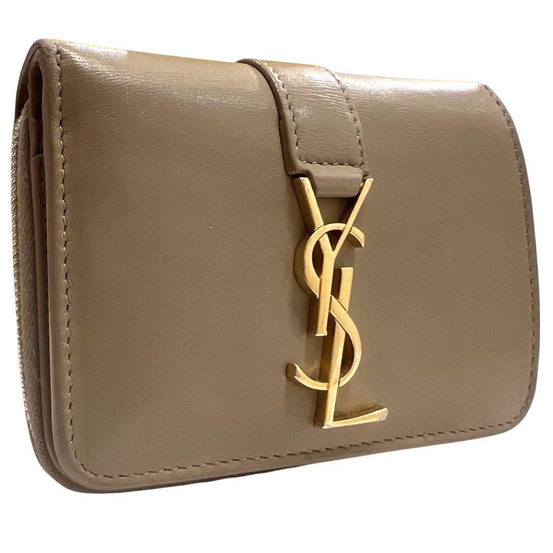 イブサンローラン YSL 二つ折り財布 カサンドラロゴ ベージュ レザー