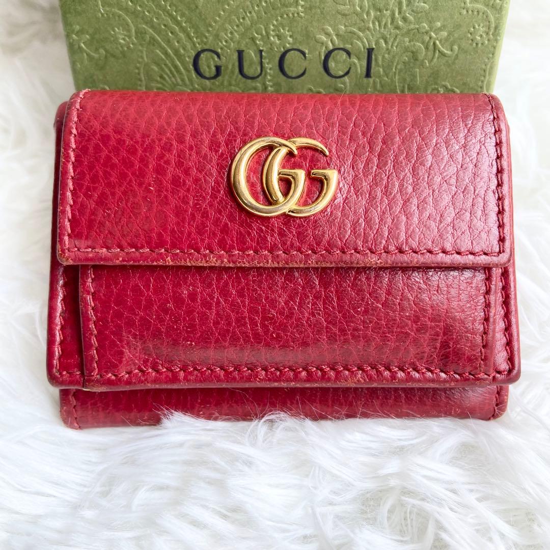 人気定番✨グッチ GUCCI 三つ折り財布 GGマーモント コンパクト レッド