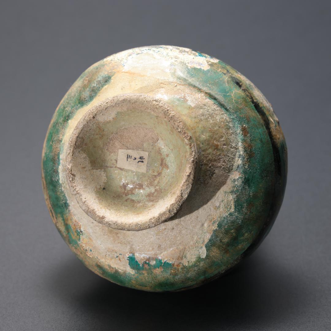 ペルシャ 青釉黒彩手つき水注 　イラン　アンティーク　R1182て