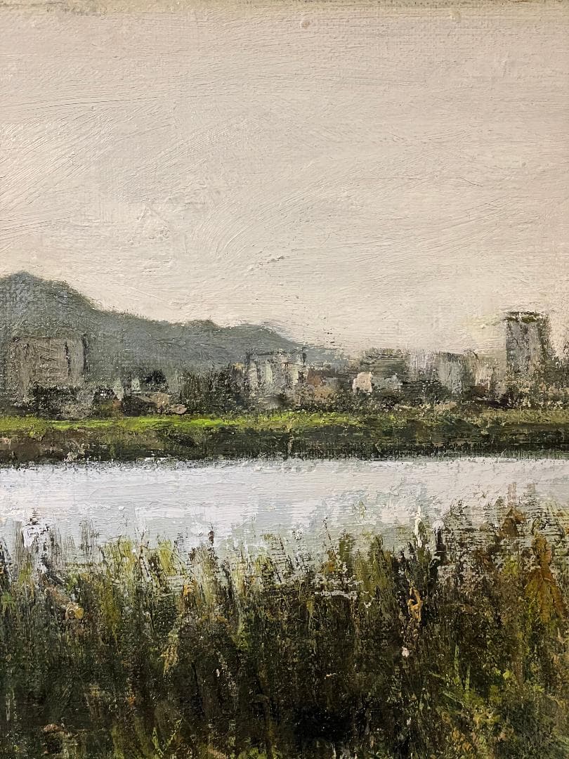 真作」真殿靖「水郷(安土八幡)」風景画油彩画額装サイン有りP20号