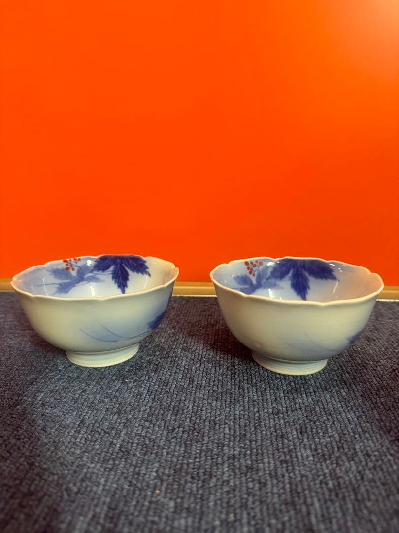 1707 深川製磁 染付葡萄絵 花型鉢 3客