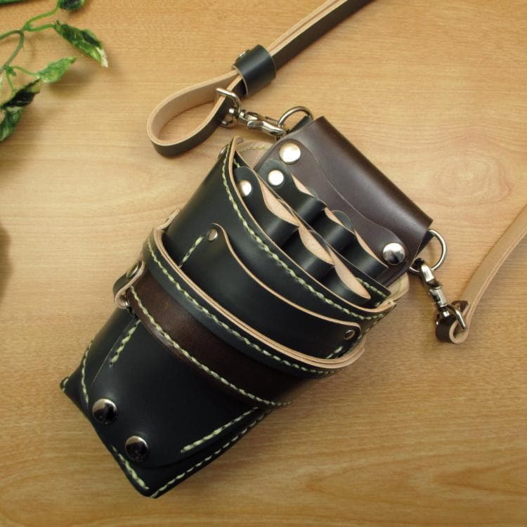 ダークグリーン＆焦げ茶　６丁　革ベルト付　シザーケース　SCL-100/CGB