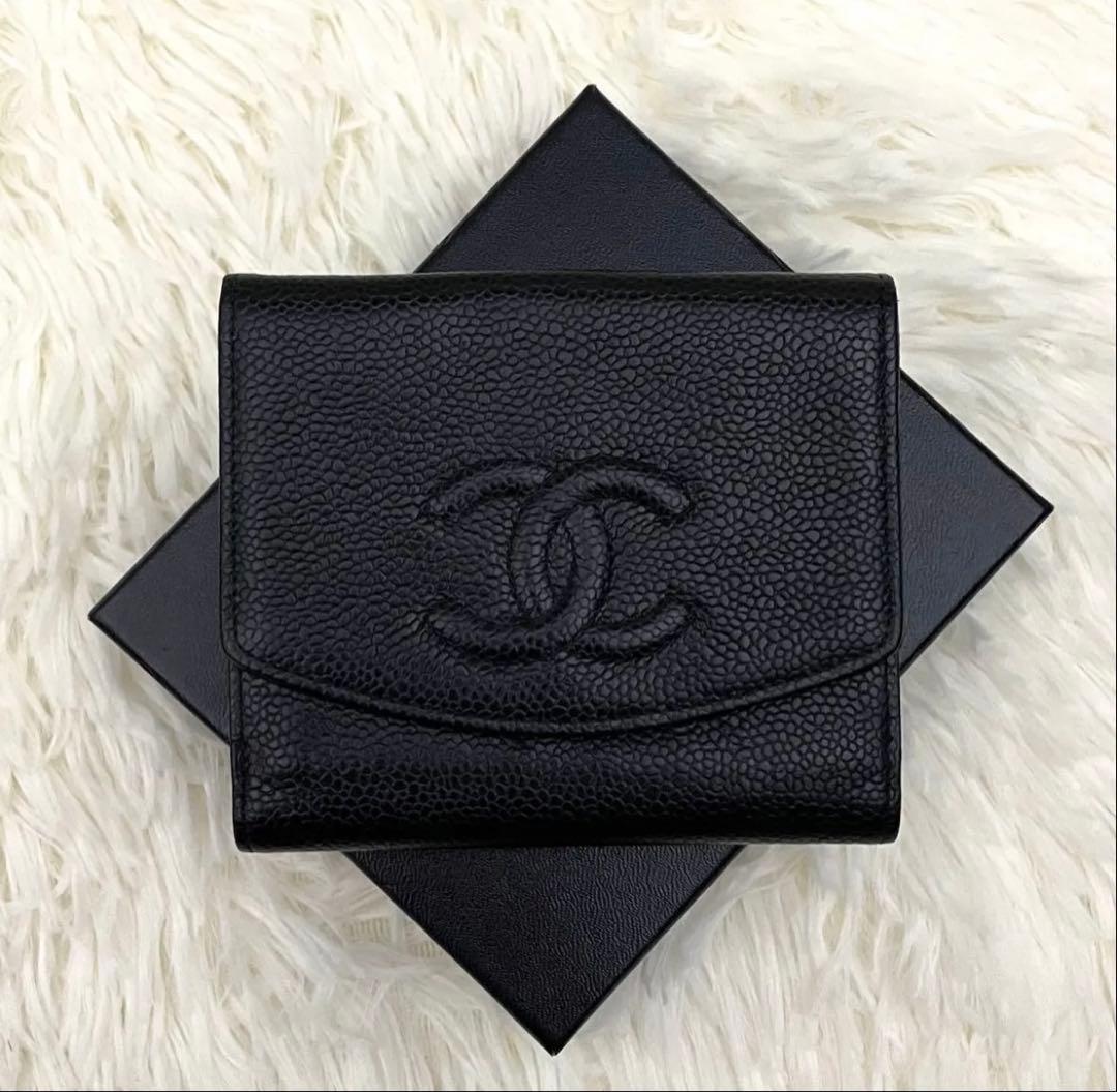 CHANEL シャネル ココマーク キャビアスキン 二つ折り 財布 ブラック系