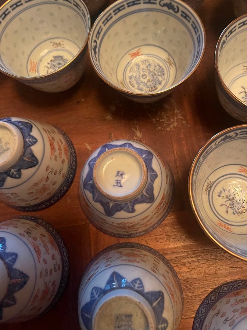 中国美術景徳鎮染付金彩湯呑み蛍焼細密細工古美術品44客セット