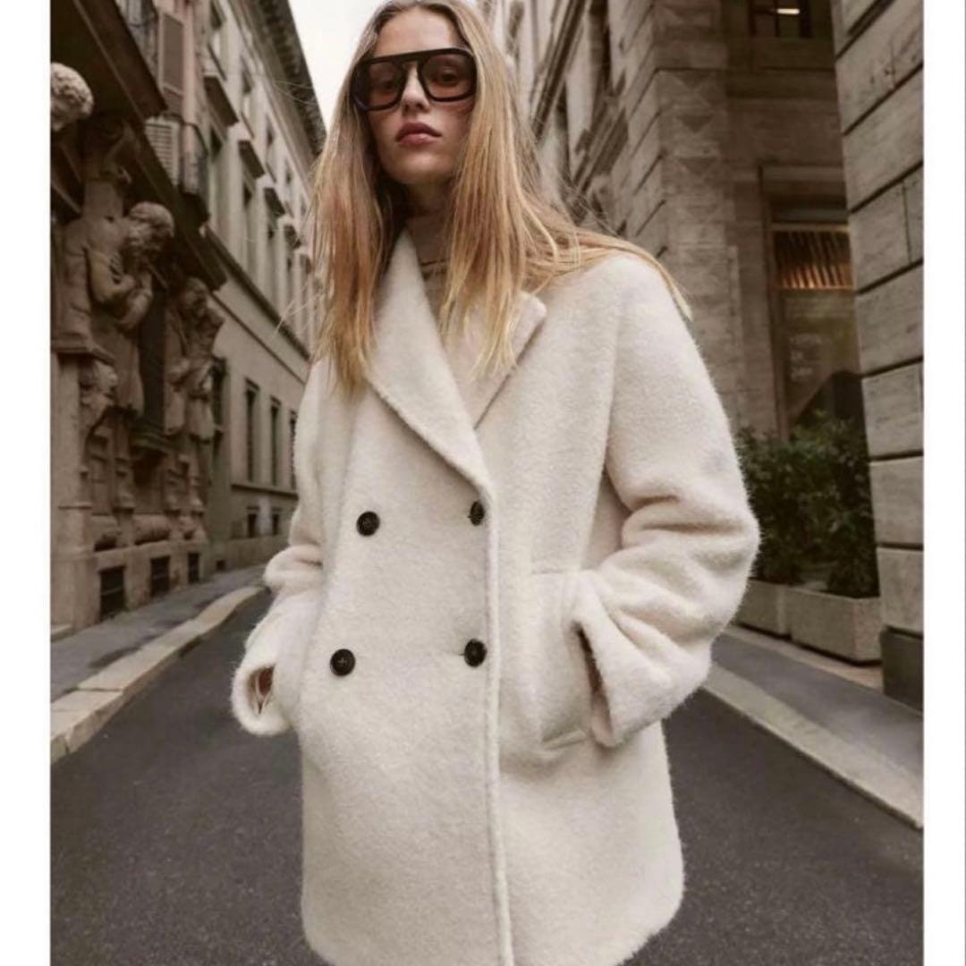 ZARA ブークレダブルブレストミディ丈コート XS タグ付き新品☆ZARAのブークレダブルブレストミディ丈コート☆XSサイズ