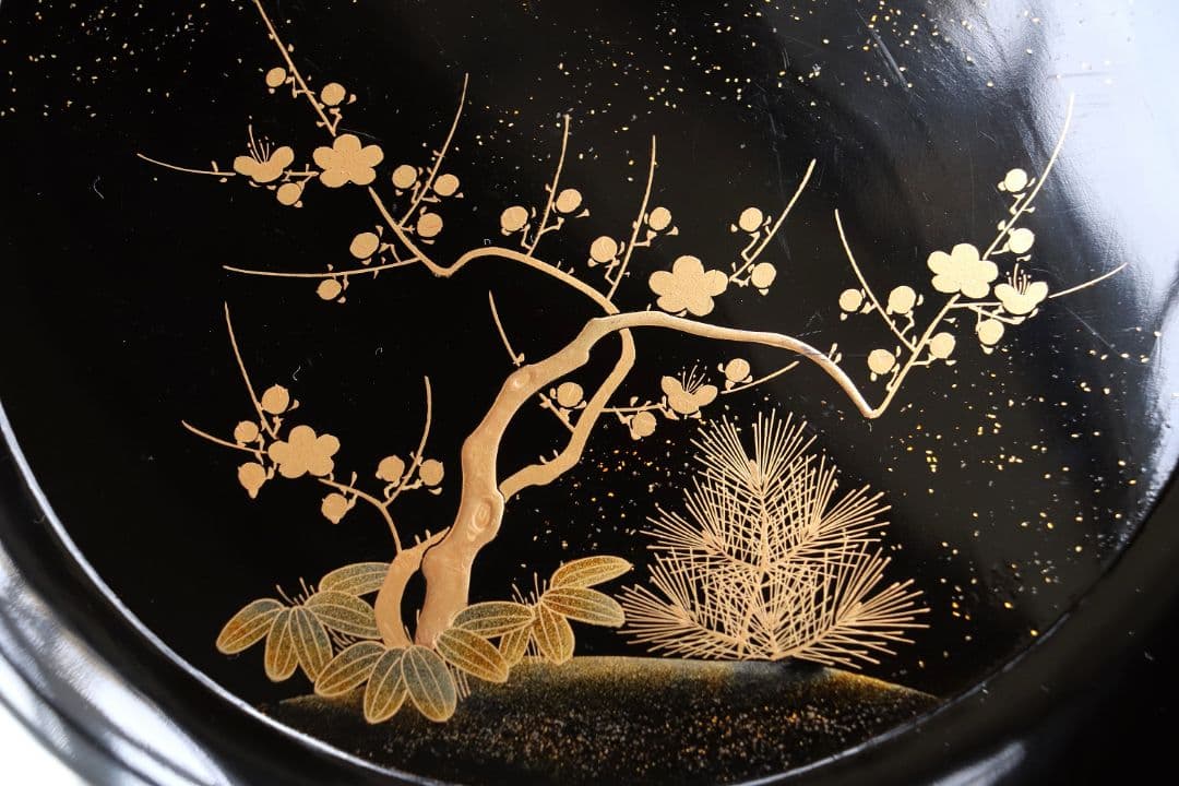 MA218 時代漆器 松竹梅鶴金蒔絵 縁唐草 黒塗 大徳寺盆 二客 菓子盆 木皿