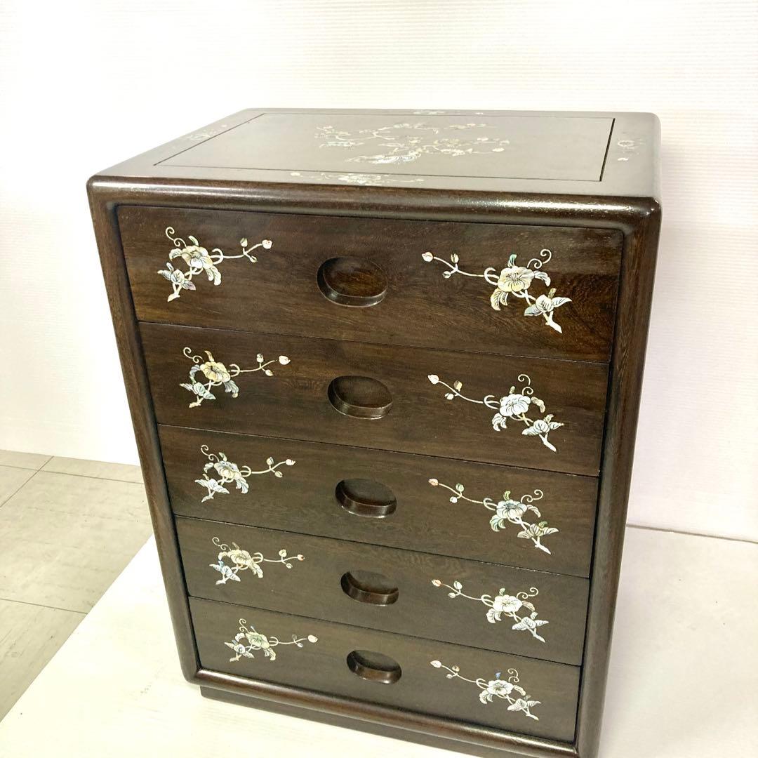 良品】骨董品 チェスト 木製 小物入れ 螺鈿細工 5段 タンス 箪笥