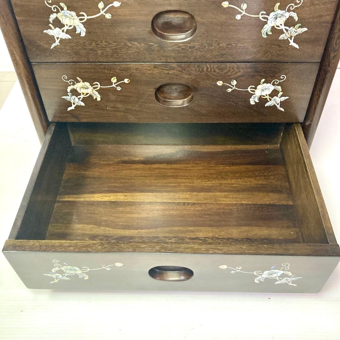 良品】骨董品 チェスト 木製 小物入れ 螺鈿細工 5段 タンス 箪笥