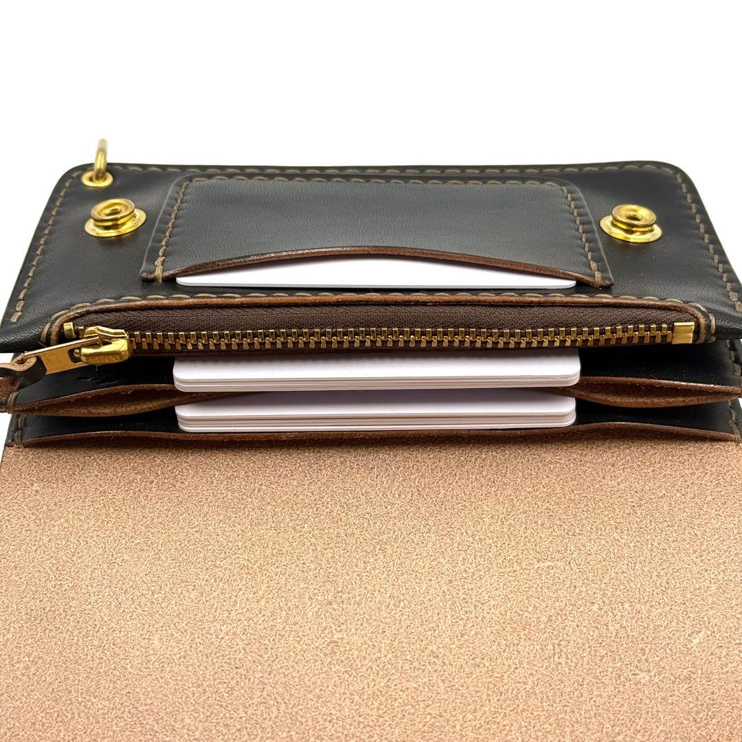 ミドルトラッカーウォレット(ブラック)サドルレザー　タロンジッパー　真鍮製