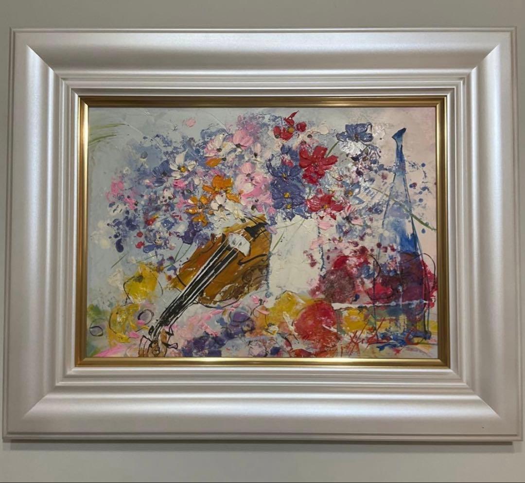 絵画・額縁・油絵・池田秀郎・楽器と花・F4号・美術品・インテリア