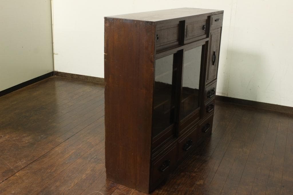 古い木製茶箪笥 収納棚/和家具/飾棚/食器棚時代箪笥/茶道具/ガラス戸棚/