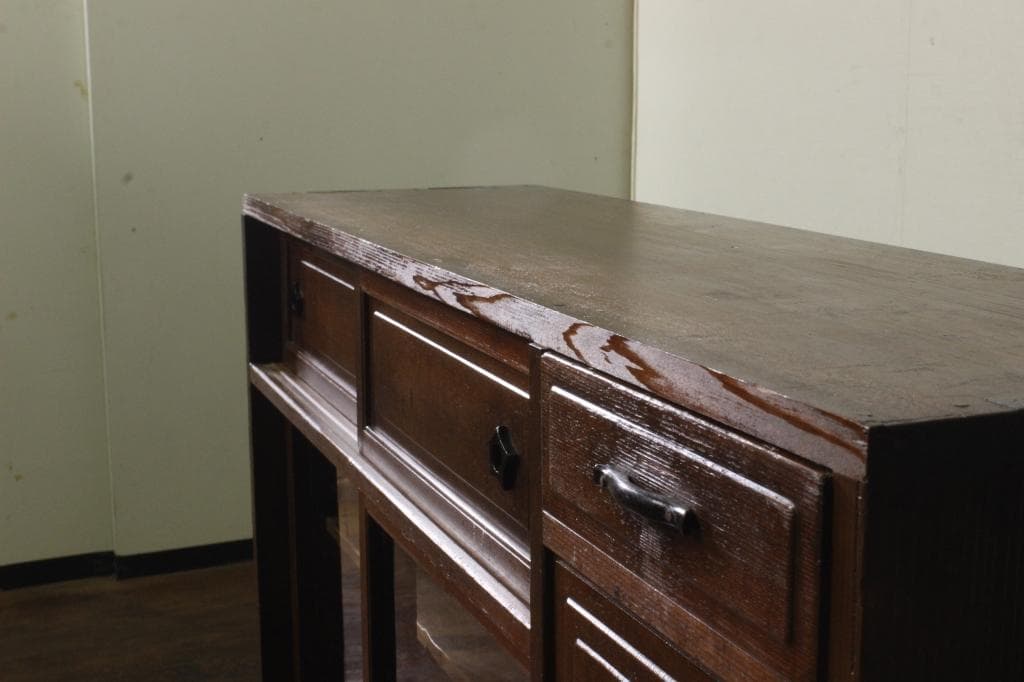 古い木製茶箪笥 収納棚/和家具/飾棚/食器棚時代箪笥/茶道具/ガラス戸棚/