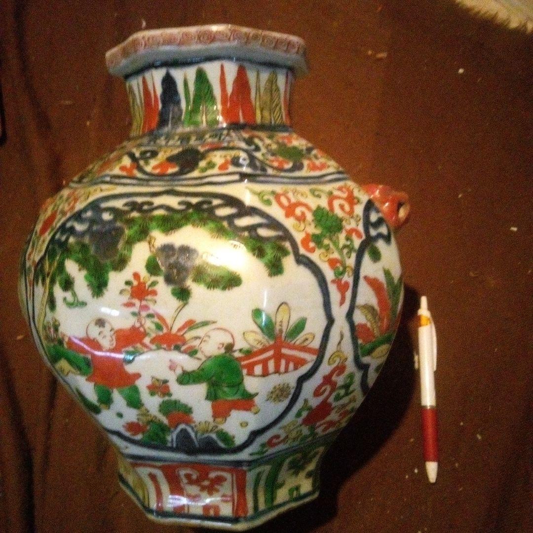 中国陶磁器　明万歴赤絵　唐子壺