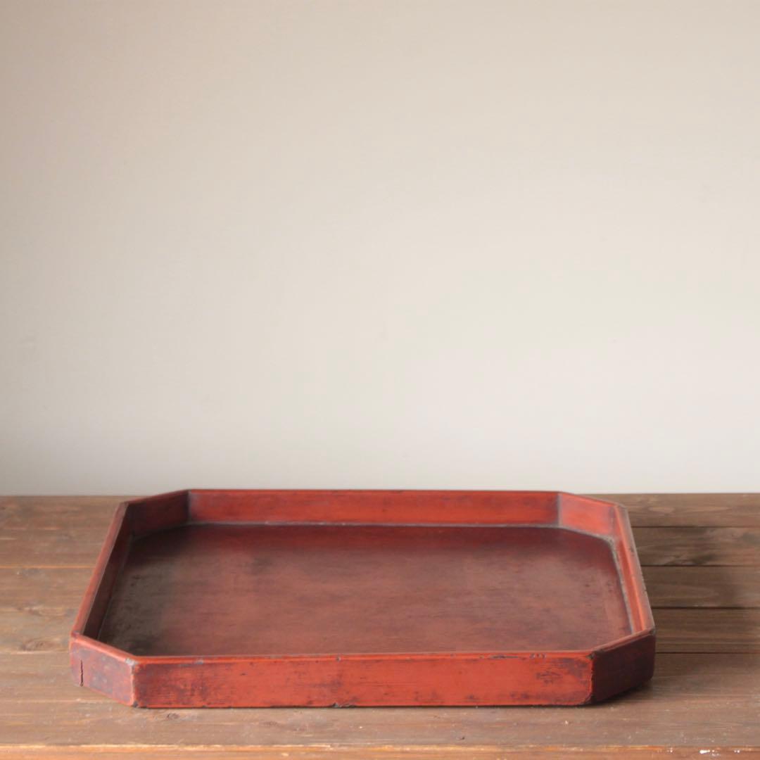 隅切 折敷 朱塗り盆 No.2 古美術 古道具 アンティーク 盆 折敷盆