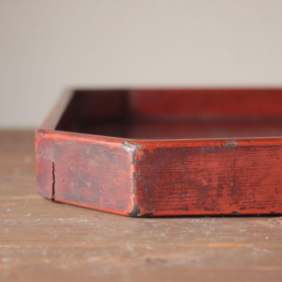 隅切 折敷 朱塗り盆 No.2 古美術 古道具 アンティーク 盆 折敷盆