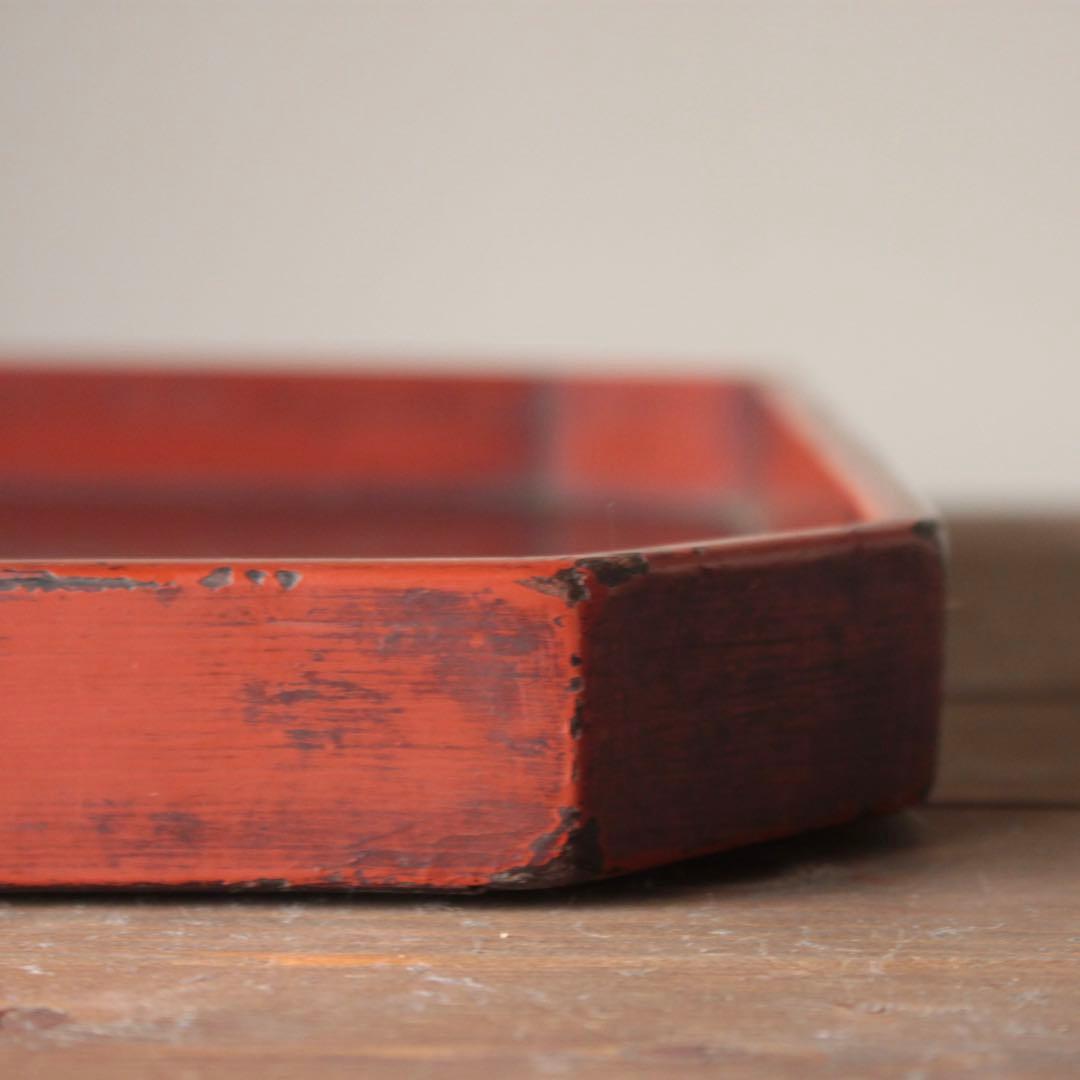 隅切 折敷 朱塗り盆 No.2 古美術 古道具 アンティーク 盆 折敷盆