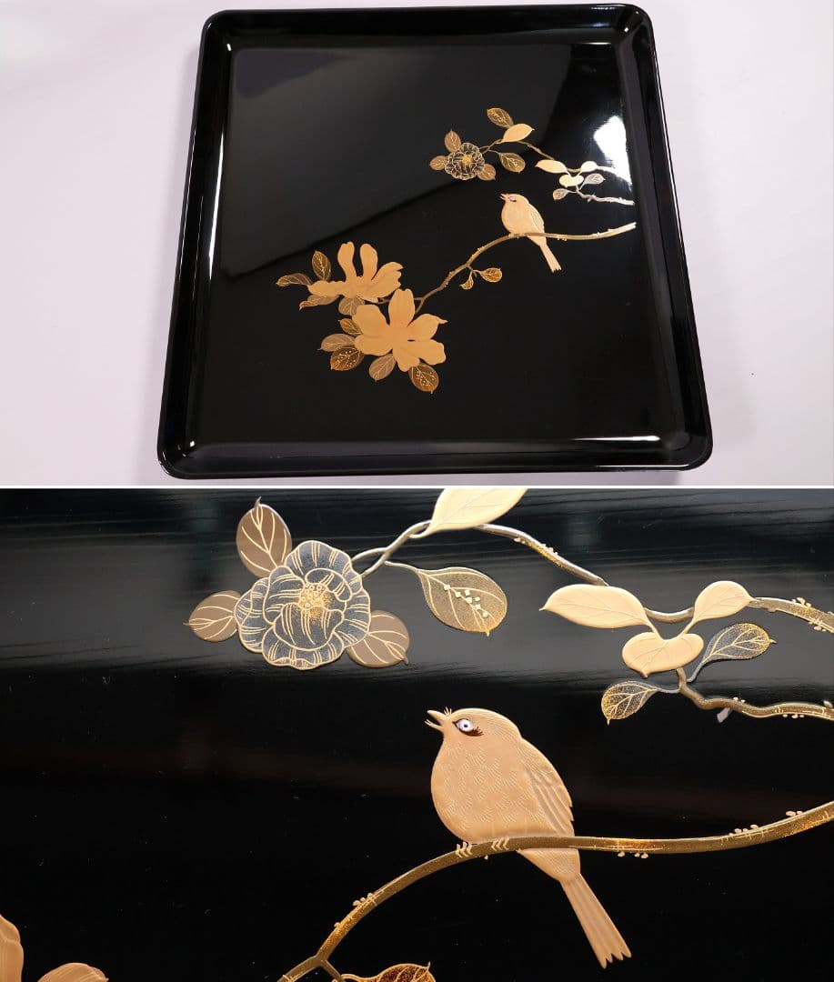 MB204】天然木漆塗 花鳥絵替金蒔絵 黒塗卓上膳十客 四方膳 36.3cm
