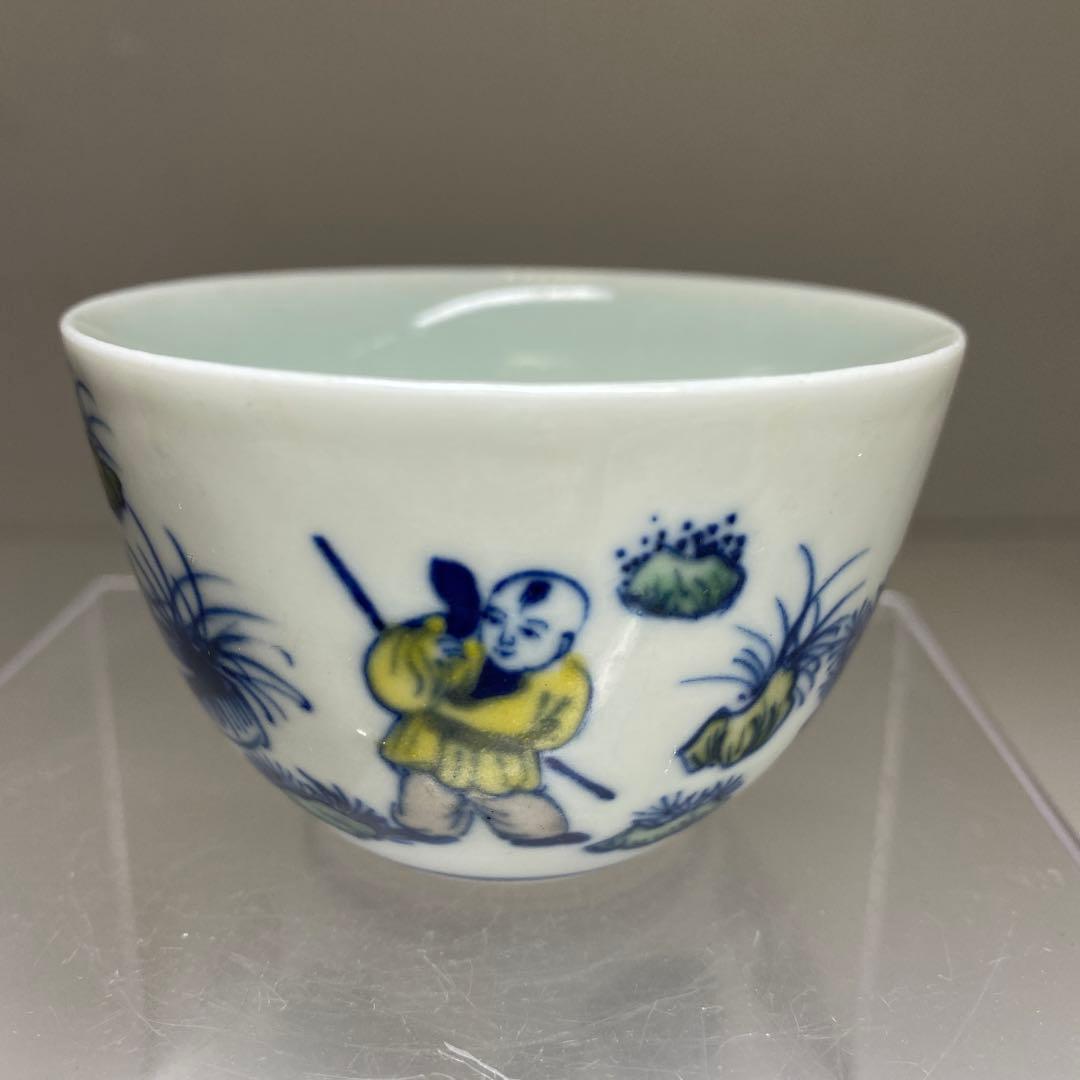 中国美術　大清康熙年製唐子図煎茶碗　口径7.3㎝ 東Y7-0303④