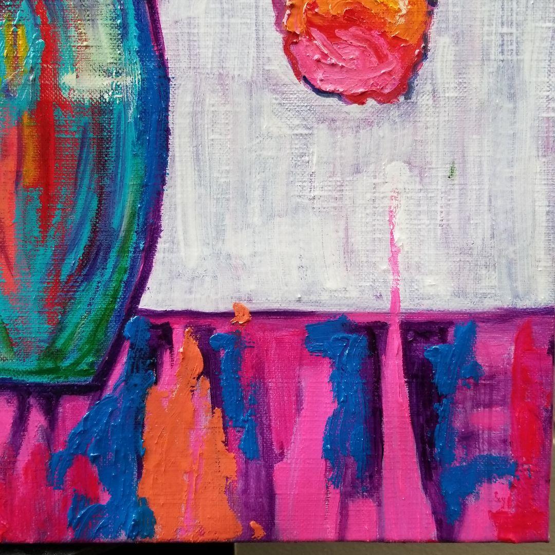 油絵 よっこ様専用確認 ピンクとオレンジ色の花を差した花瓶