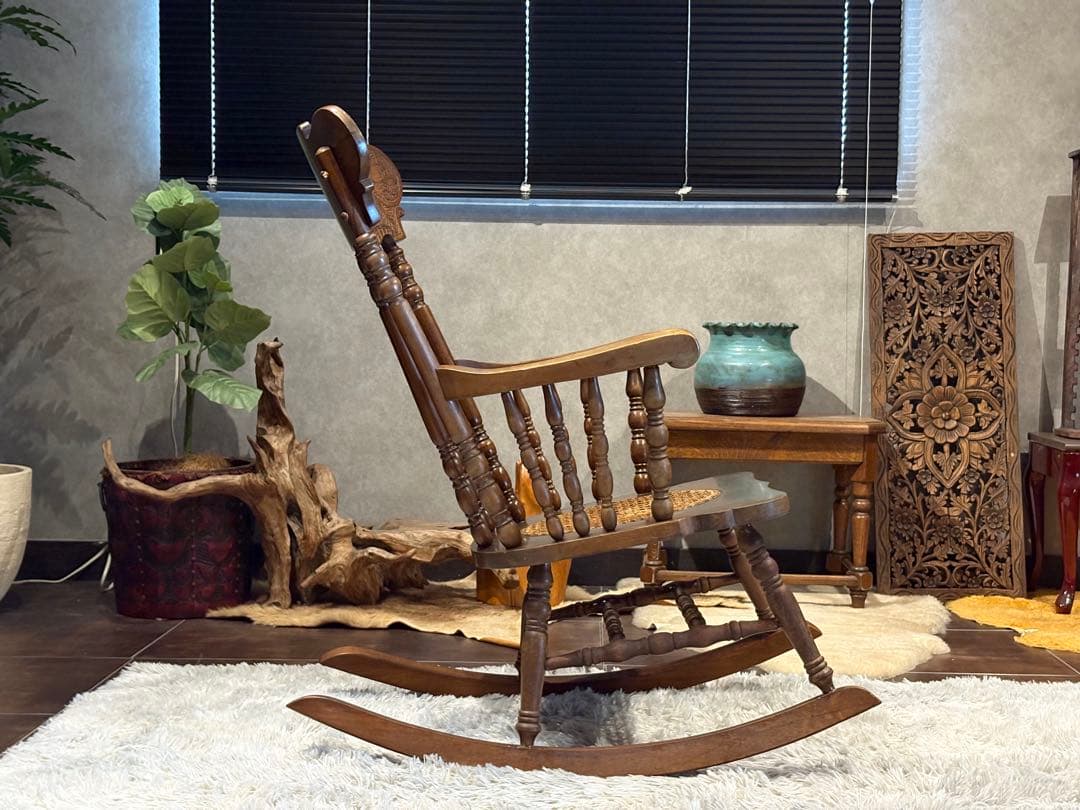 超希少ウルフロッキングチェア無垢材クラシックアジアン木彫りINR