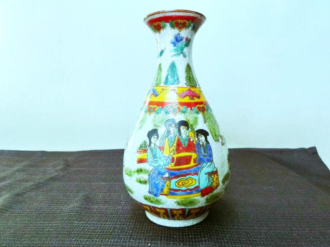 彩キレイ！【美人画色絵花瓶 描きこみ全体花器 在銘 中国・GB】☆鑑賞