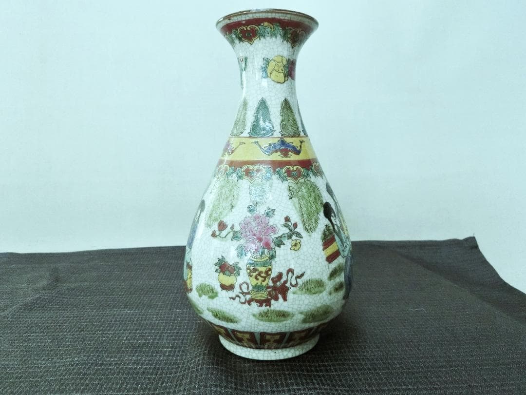 彩キレイ！【美人画色絵花瓶 描きこみ全体花器 在銘 中国・GB】☆鑑賞