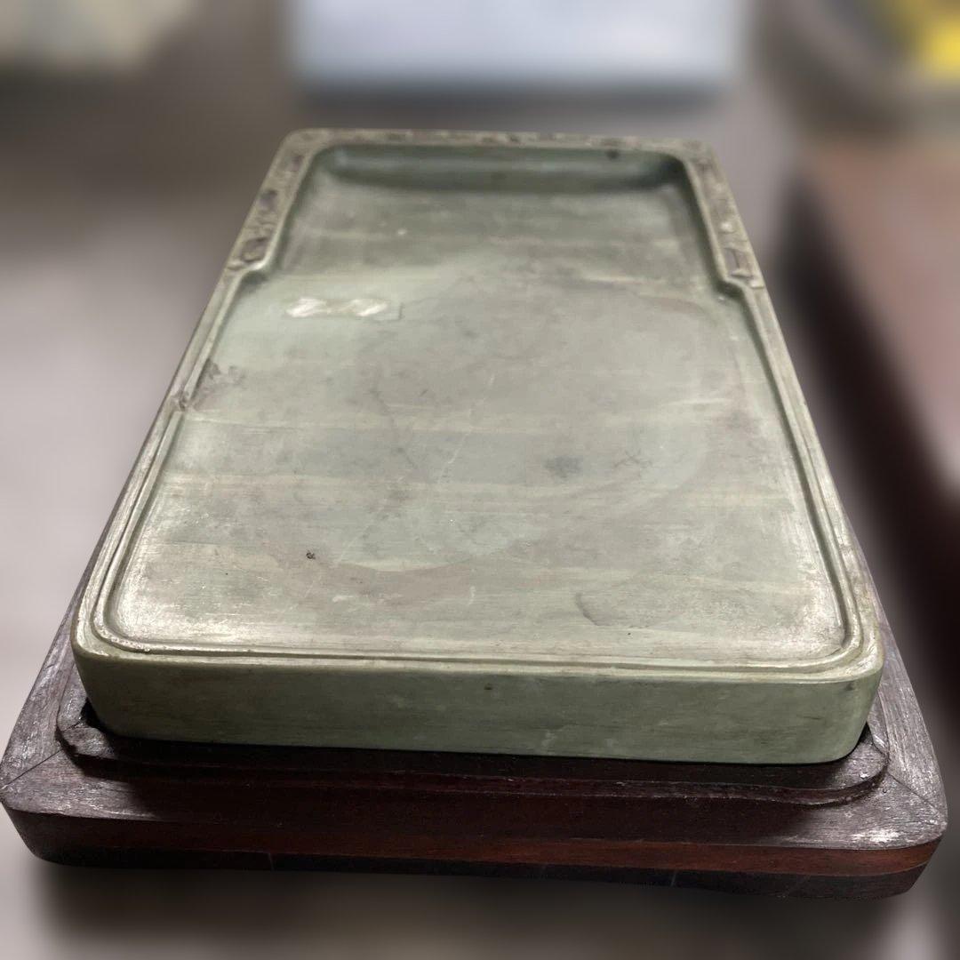 緑硯　中国硯　彫刻　古美術　唐木ケース