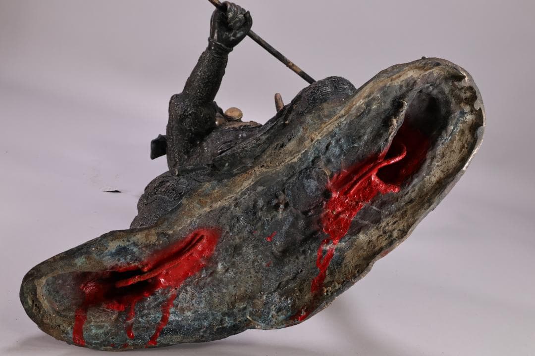 時代金工 明治期 ブロンズ像 銅製 武者 薙刀 置物 床飾 高55㎝ BK090