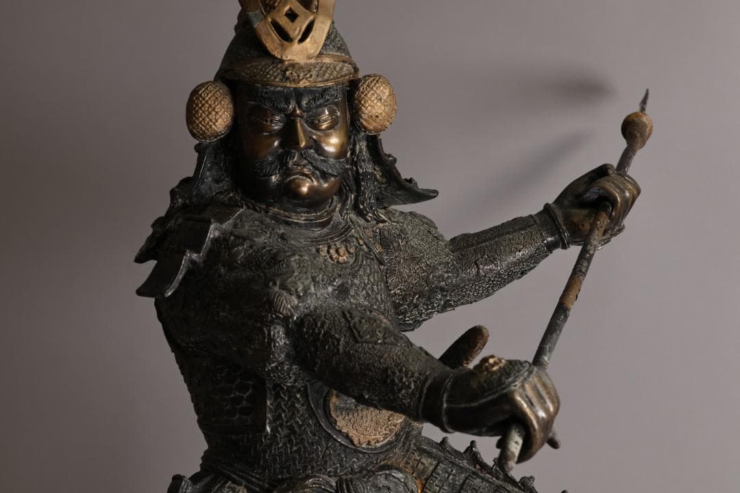 時代金工 明治期 ブロンズ像 銅製 武者 薙刀 置物 床飾 高55㎝ BK090