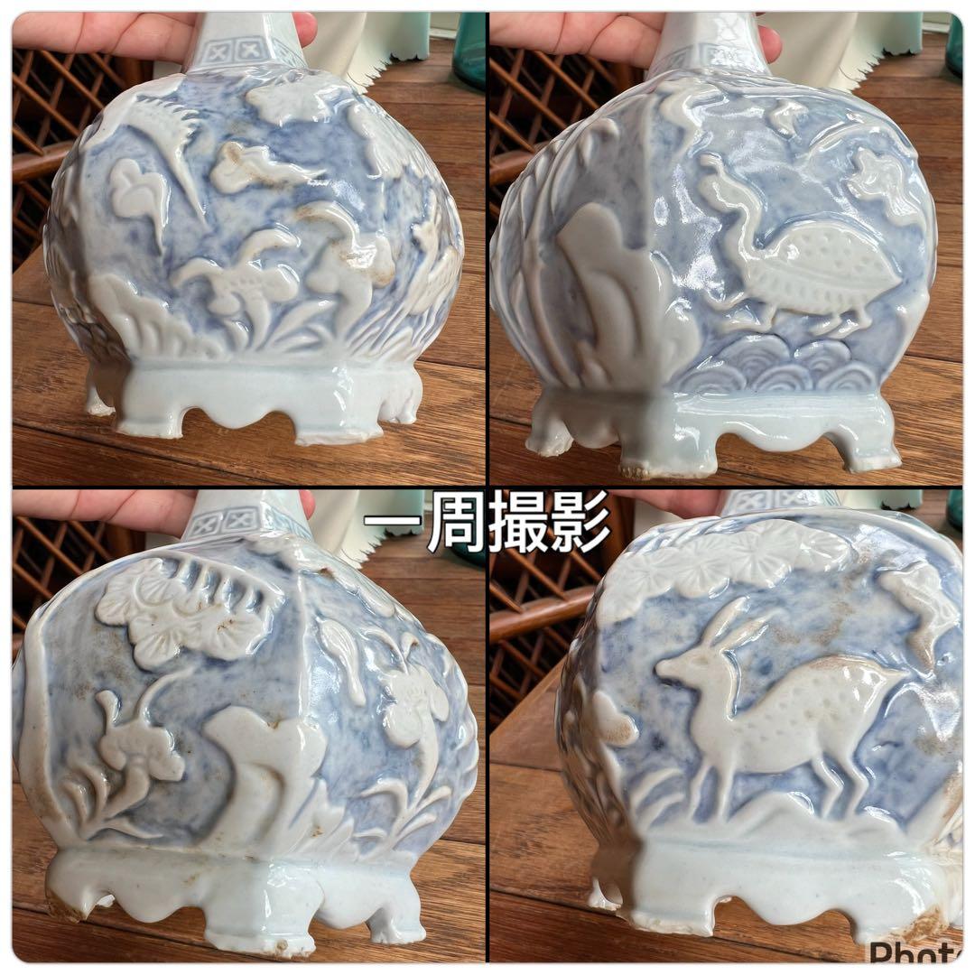 李朝 鹿 鶴 兎 亀 竹 梅 分院 朝鮮 骨董品 花瓶 壺 陶器 染