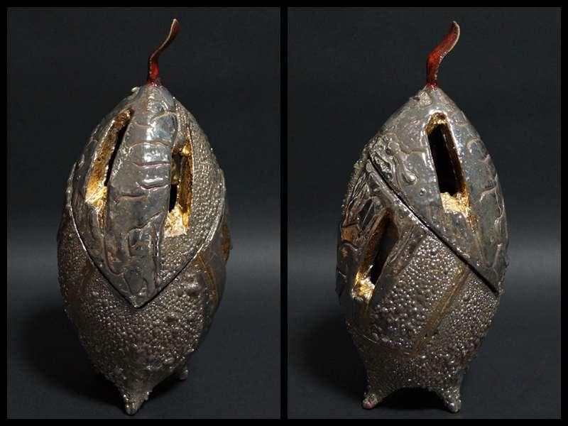 現代陶芸家 市川透造 造形香炉 金プラチナ使用 共箱 共布備前 (師/隠崎