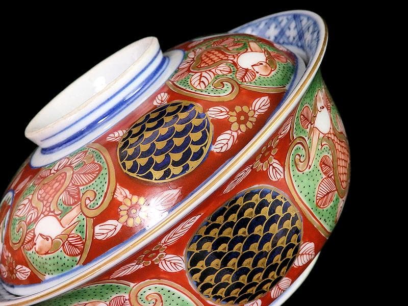 大聖寺伊万里 金襴手 丸紋 鳥に柘榴の図 蓋付鉢 B291AS-CPk