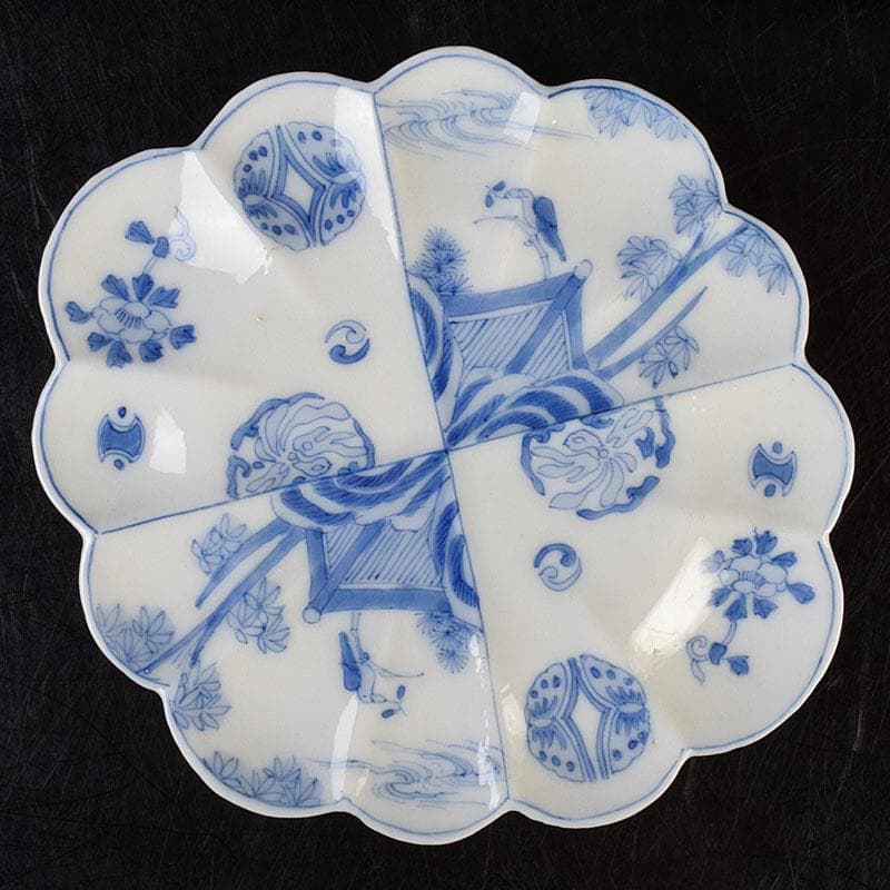 瀬戸焼 松籟園製 染付 花鳥文 扇面皿 V R9526