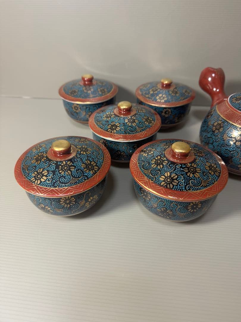 2086 九谷焼 青粒 茶器セット 急須1客 湯呑蓋付5客 金彩の通販はau PAY