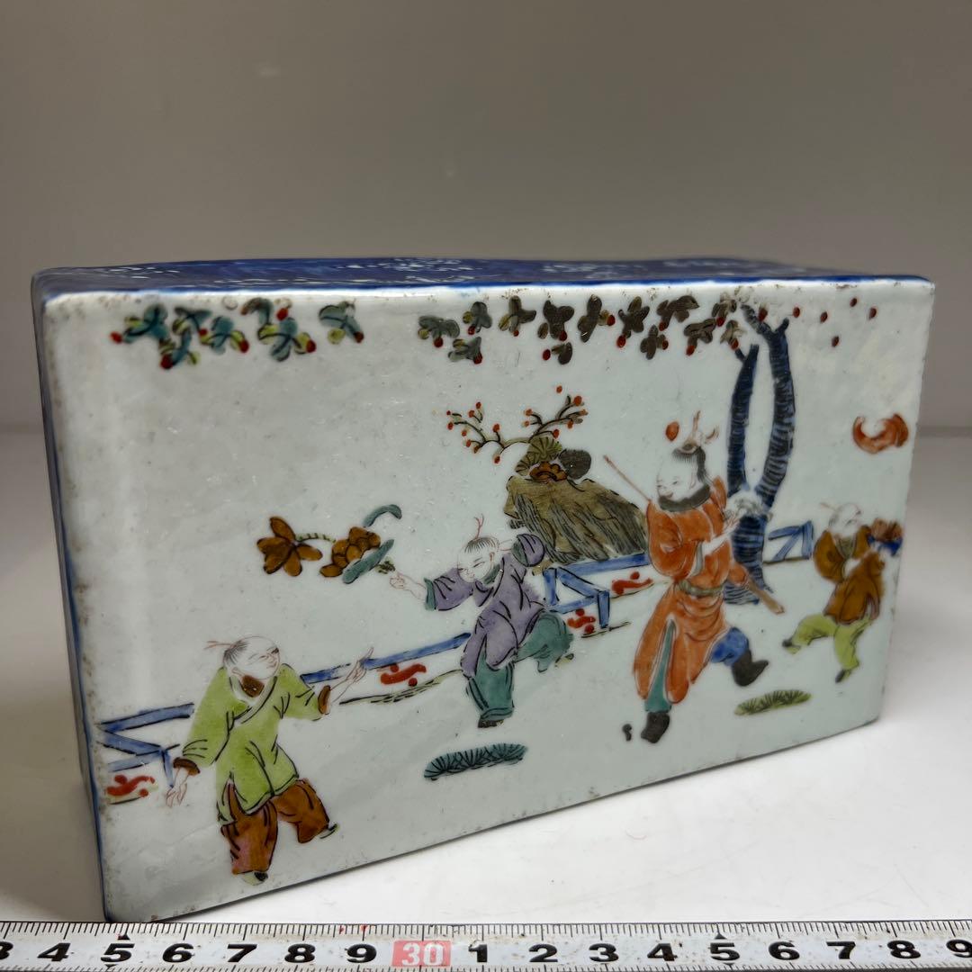 中国清時代 新渡粉彩 陶枕 幅18㎝ 東な7-1221☆