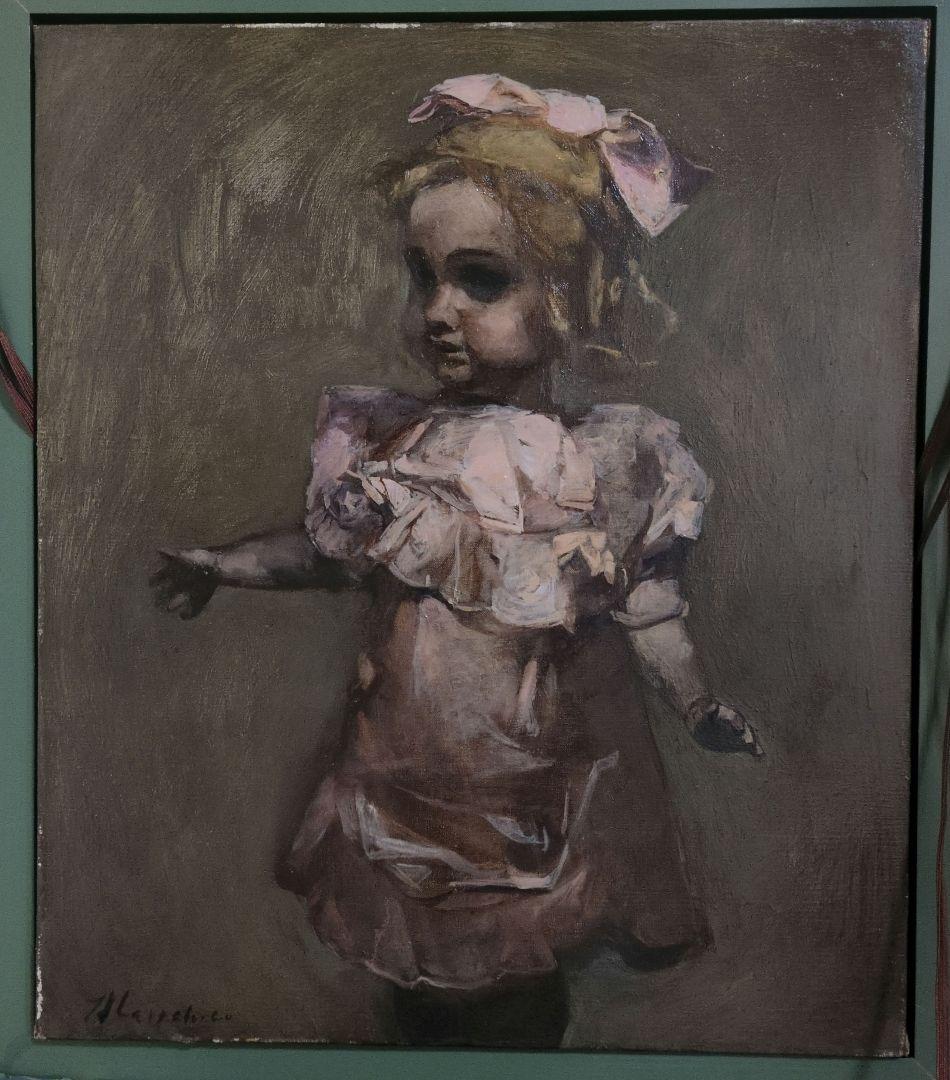 油彩 岩島雅彦 絵画 アンティーク 金装飾額 少女 人形 油絵