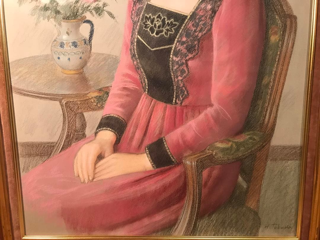 徳田宏行　「赤いドレスの女性」　パステル画２０号　直筆サイン有り