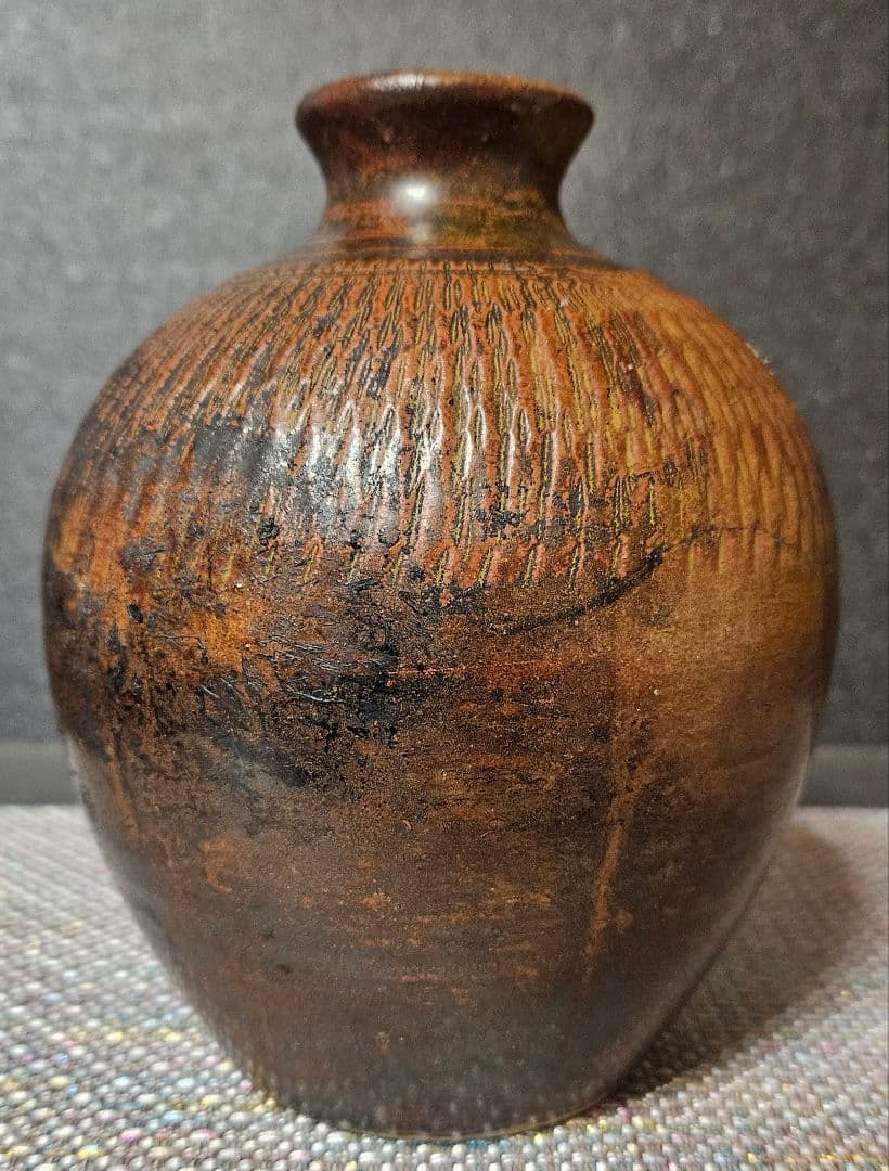 江戸時代 宮城 古上野目焼 鉋目 トビカンナ文様 徳利 壺 花入れ 大堀