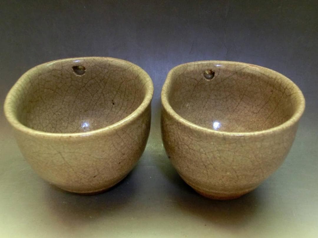 酒器■絵唐津 歪み片口 2客 古唐津超名品【江戸時代】猪口 酒杯 時代物 骨董