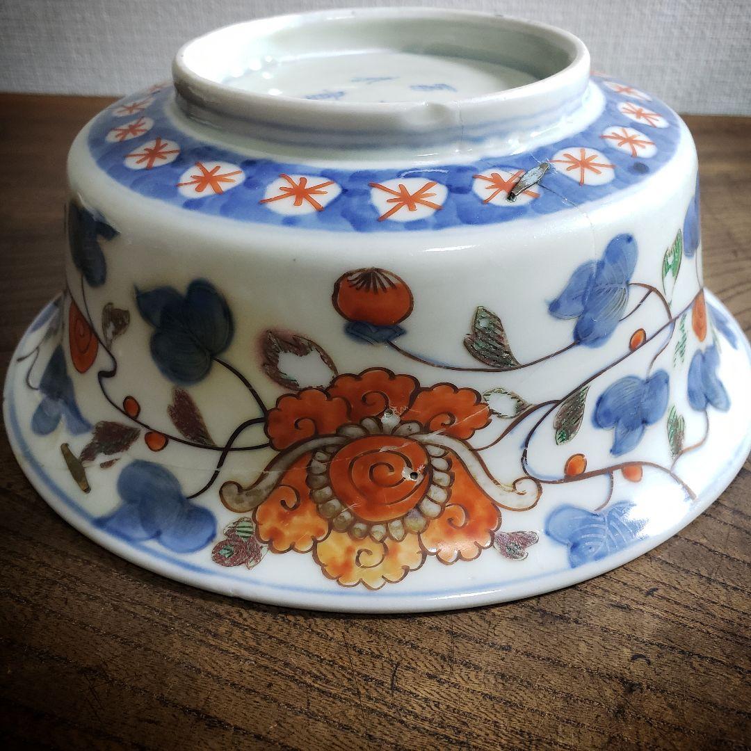 鉢　龍　中国骨董　直し　鎹　草花文様　富貴長春　色絵付け　直しあり