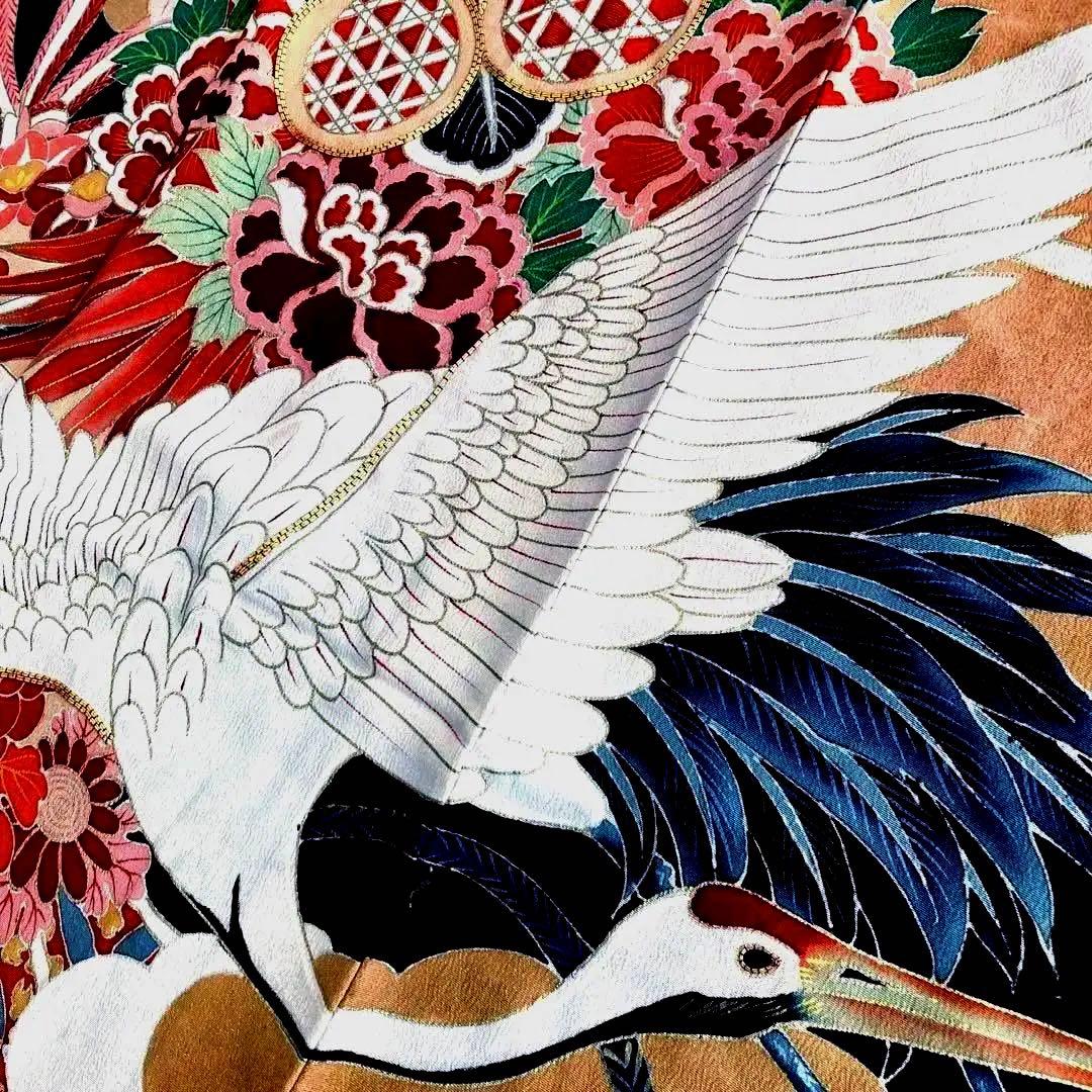 アンティーク振袖花に鶴ヴィンテージ正絹